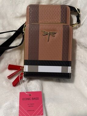 Iconic Bags Brown & Black Crossbody Wallet with Dragonfly Accent